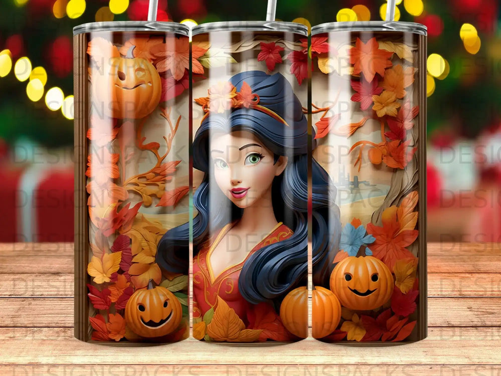 Princess in autumn leaves with pumpkins and fall decorations.