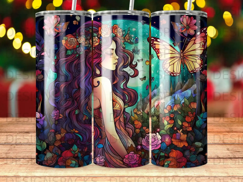 Fantasy woman with long hair and butterflies, surrounded by flowers.