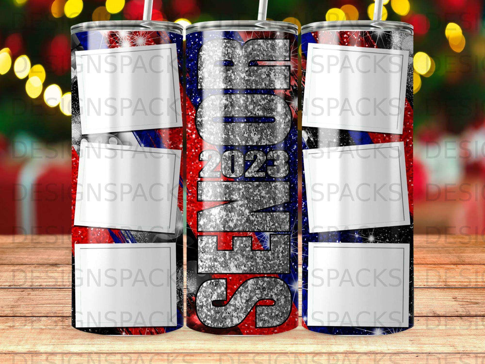Senior 2023 tumbler with red, white, and blue glitter design.