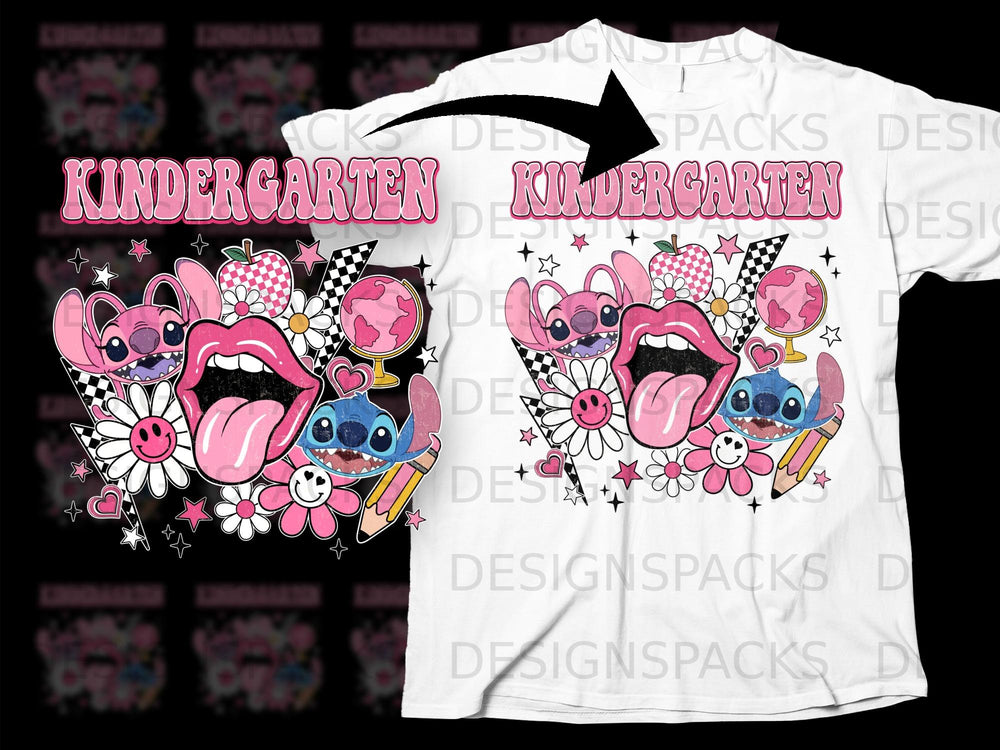 Kindergarten graphic with Stitch, lips, flowers, apple, and globe.