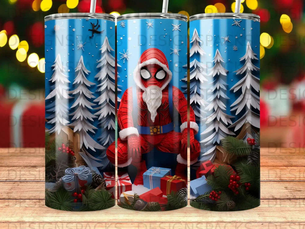 Spider-Man in Santa suit sits among gifts and snowy pine trees.
