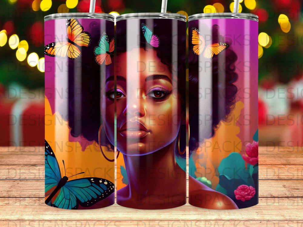 Woman with butterflies on a colorful tumbler.