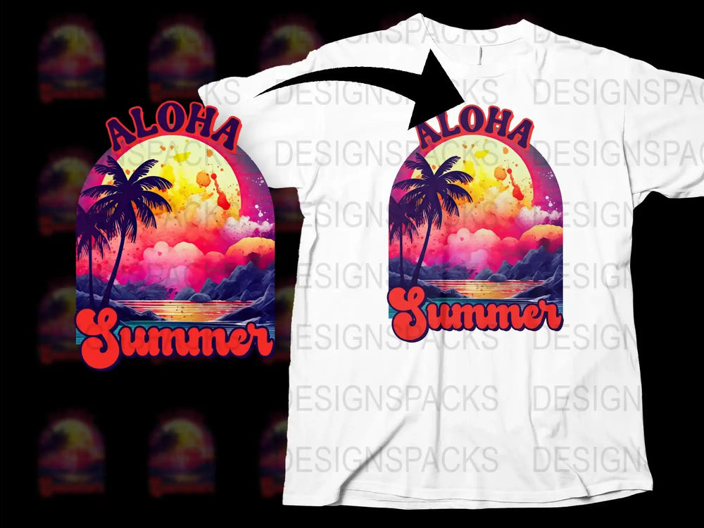 Aloha Summer T-Shirt Tropical Palm Trees Sunset Graphic Tee Unisex Beach Vacation Shirt Colorful Casual Top