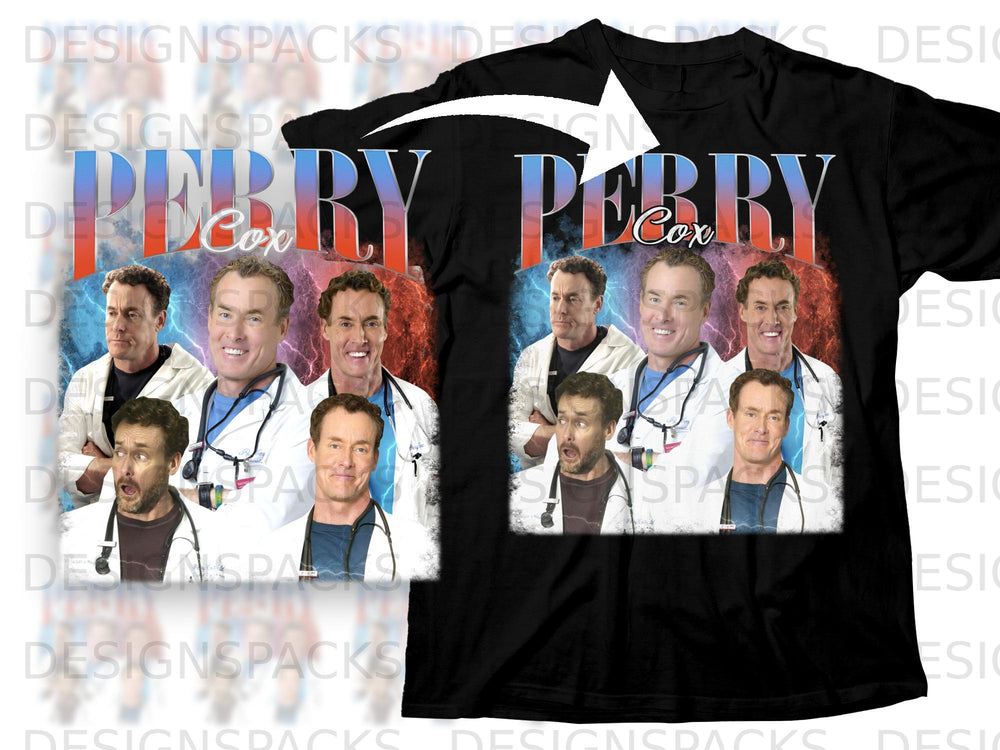 Perry Cox graphic with five actors in medical attire on a black t-shirt.