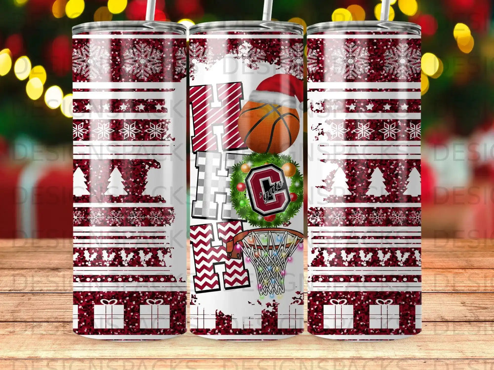 Christmas tumbler with basketball, snowflakes, and Santa hat design.