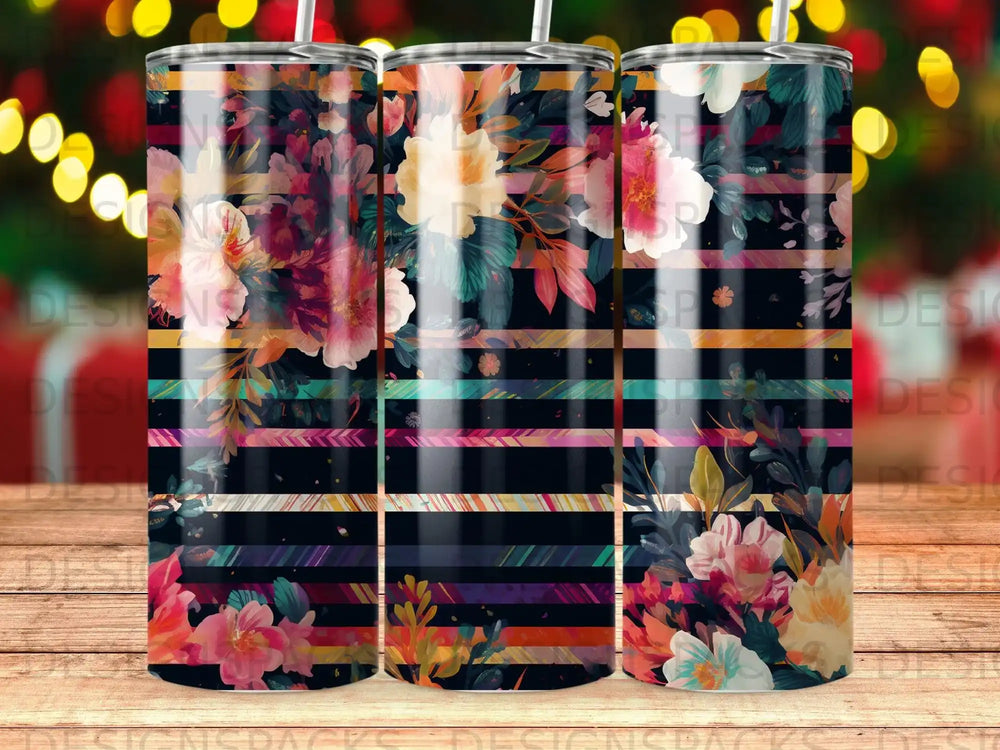 Floral pattern on a dark background with colorful horizontal stripes.