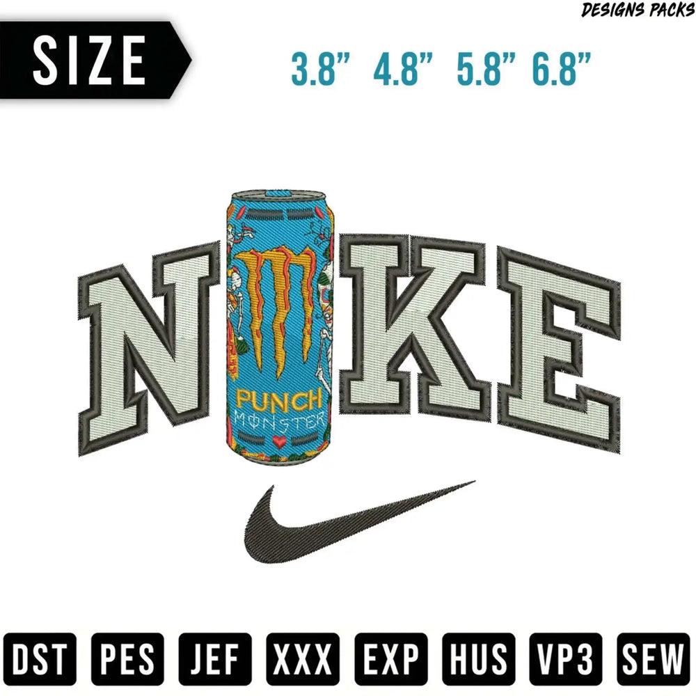 Nike Monster Energy drink logo embroidery design with size options.