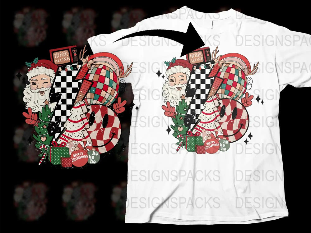 Christmas T-Shirt, Santa Claus Graphic, Plaid Pattern, Holiday Tee, Festive Red and Black, Unisex Adult Clothing, Casual Xmas Top