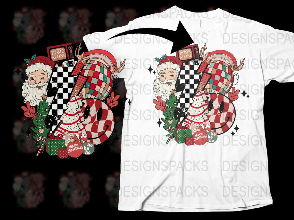 Christmas T-Shirt, Santa Claus Graphic, Plaid Pattern, Holiday Tee, Festive Red and Black, Unisex Adult Clothing, Casual Xmas Top