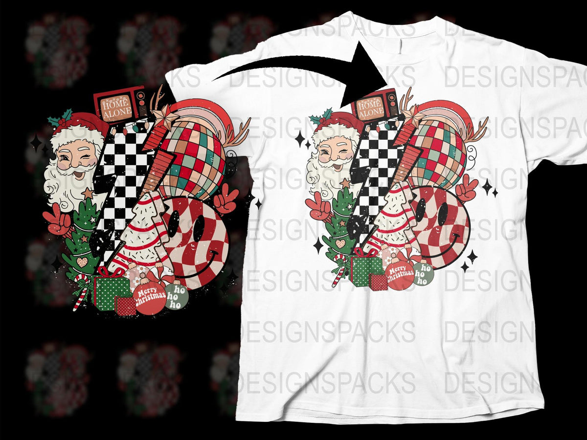 Christmas T-Shirt, Santa Claus Graphic, Plaid Pattern, Holiday Tee, Festive Red and Black, Unisex Adult Clothing, Casual Xmas Top