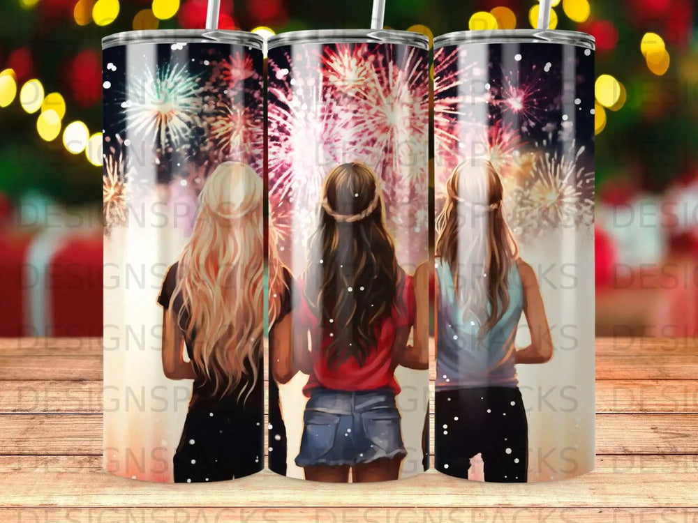 Three women with fireworks in the background.