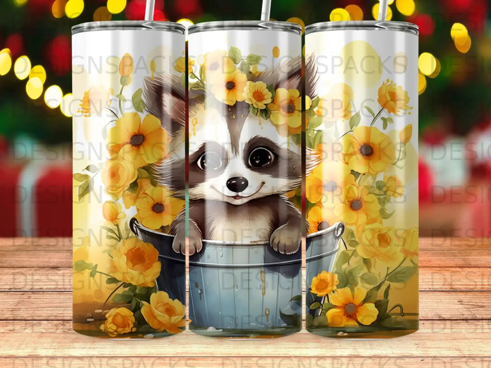 Cute raccoon in a bucket filled with yellow flowers.