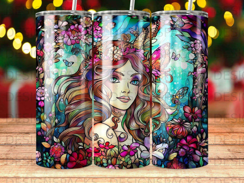 Fantasy portrait of a woman with colorful hair surrounded by flowers and butterflies.