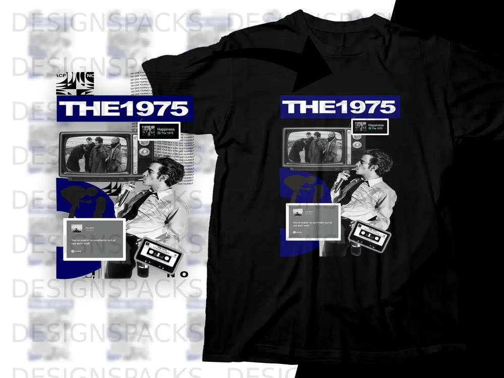 Black t-shirt featuring The 1975 album art with a person singing and Spotify UI.