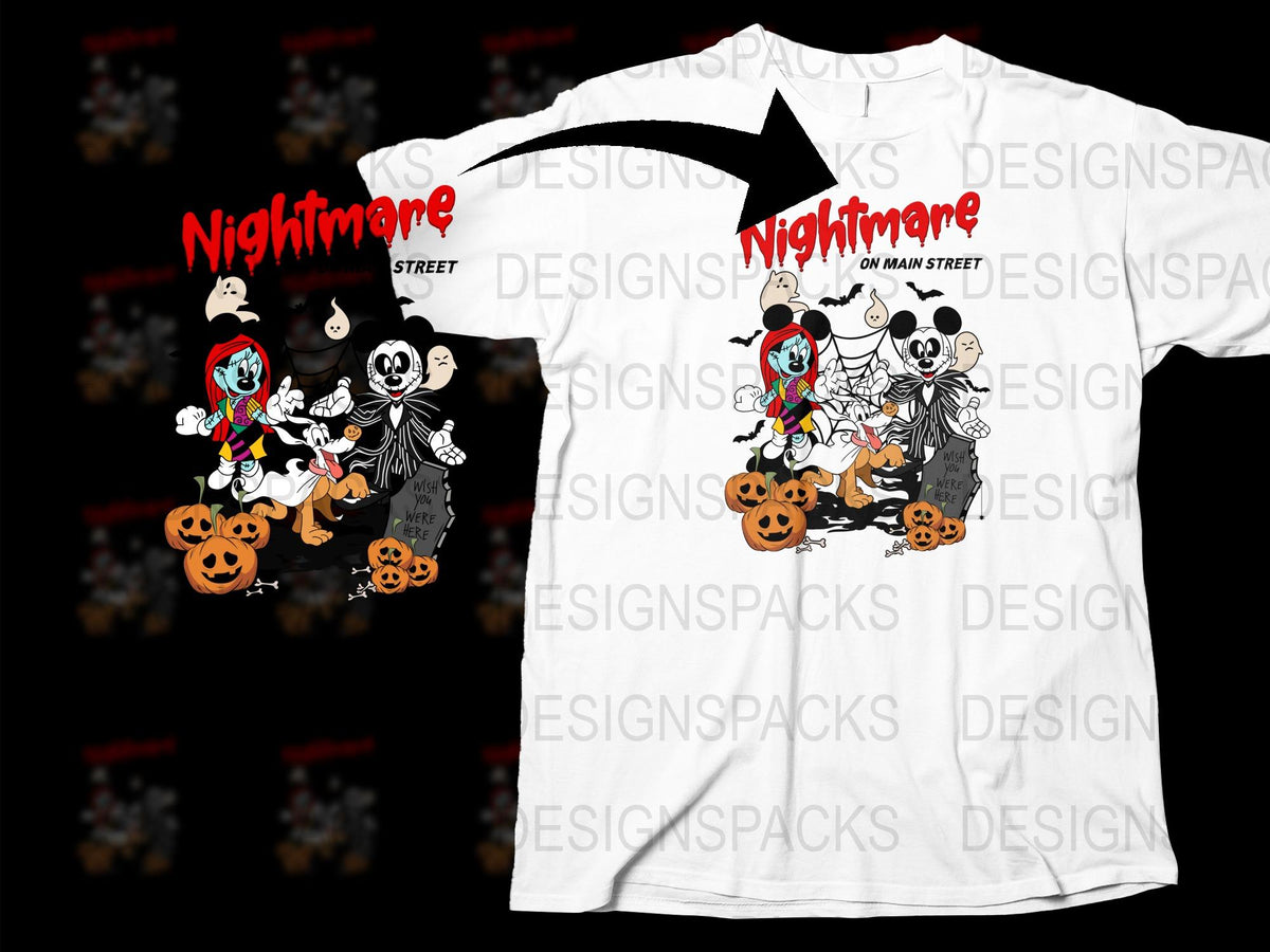 Nightmare on Main Street Halloween T-Shirt, Spooky Characters and Pumpkins, Unisex Graphic Tee