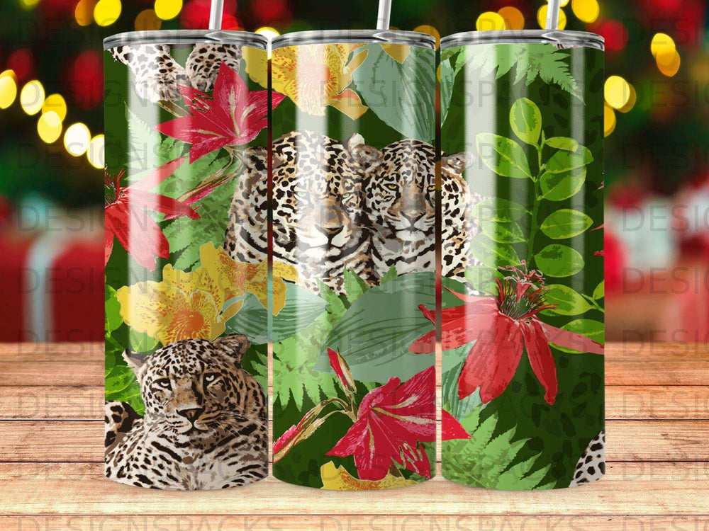 Leopard print and tropical flowers on a skinny tumbler.