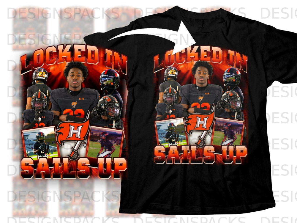 Black t-shirt with "LOCKED IN SAIL'S UP" graphic featuring football players.