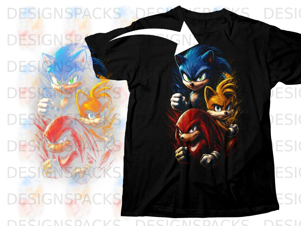 Sonic, Tails, and Knuckles graphic on a black t-shirt.