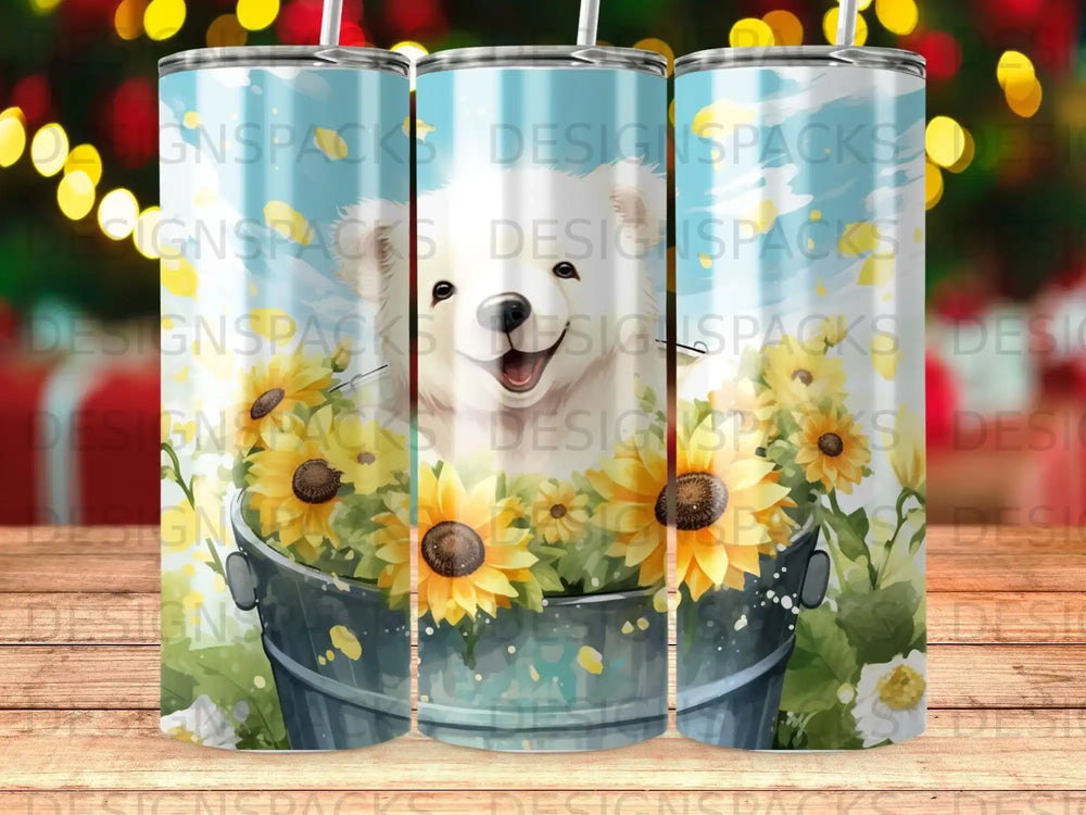 White dog peeking from bucket of sunflowers on a tumbler wrap.