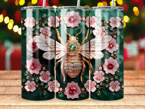 Detailed bee with jewels on a floral background with green plaid texture.