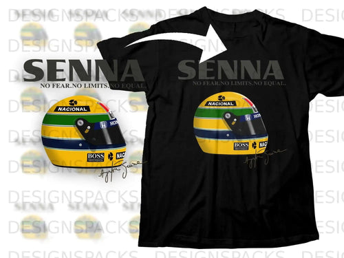 Black t-shirt with Ayrton Senna helmet graphic and 