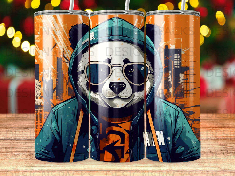Panda wearing sunglasses and a hoodie with cityscape background.