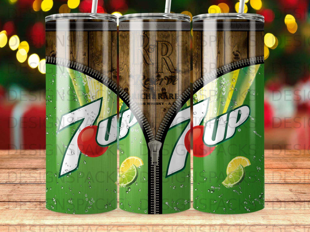 7UP soda can tumbler with zipper and wood grain design.
