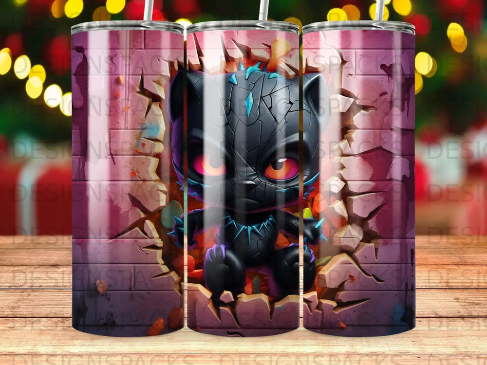 Chibi Black Panther character bursting through a brick wall.