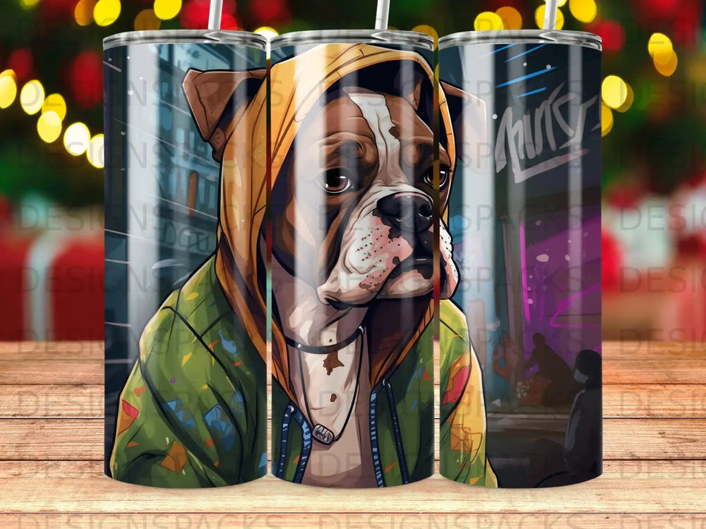 Boxer dog wearing a hoodie and jacket, illustrated on a tumbler.