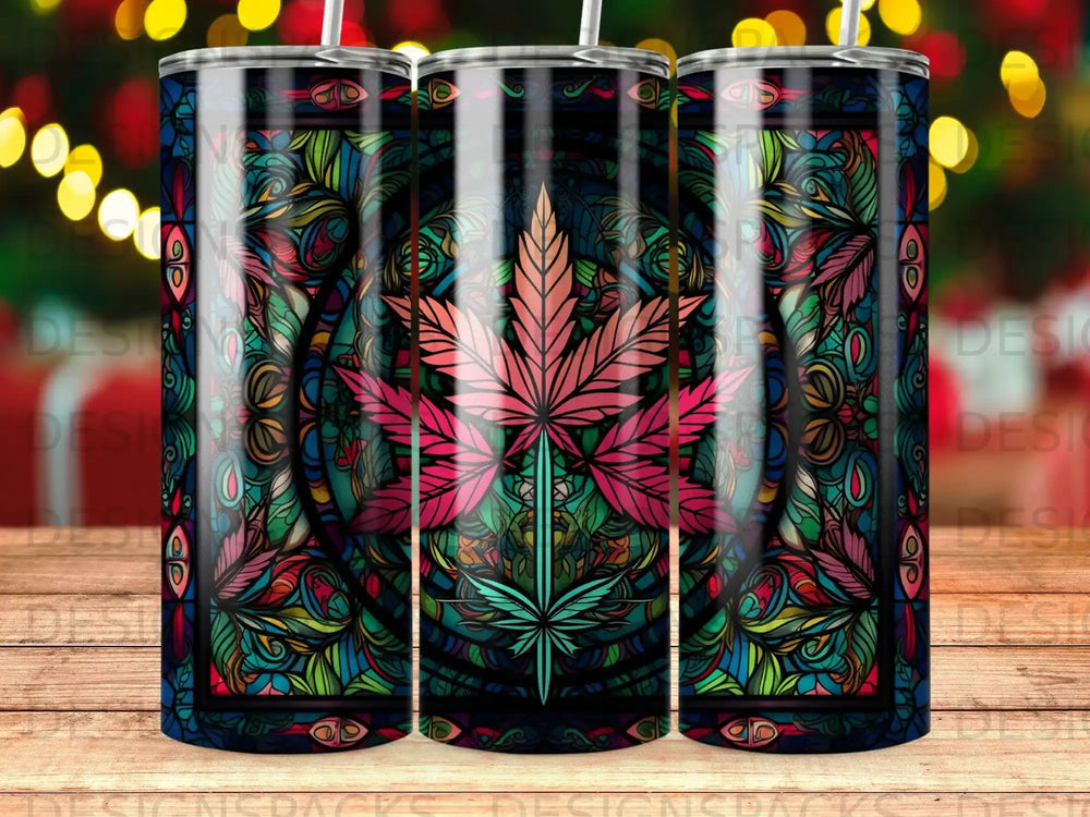 Stained glass style cannabis leaf design on a tumbler.