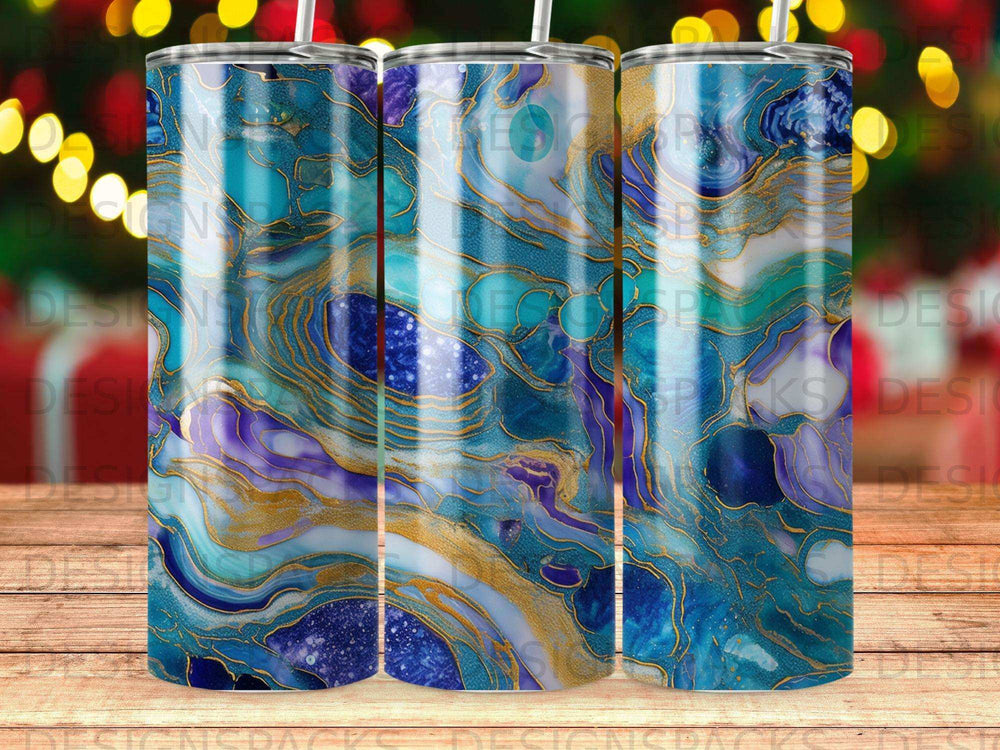Blue, purple, and gold marble pattern on a cylindrical tumbler.