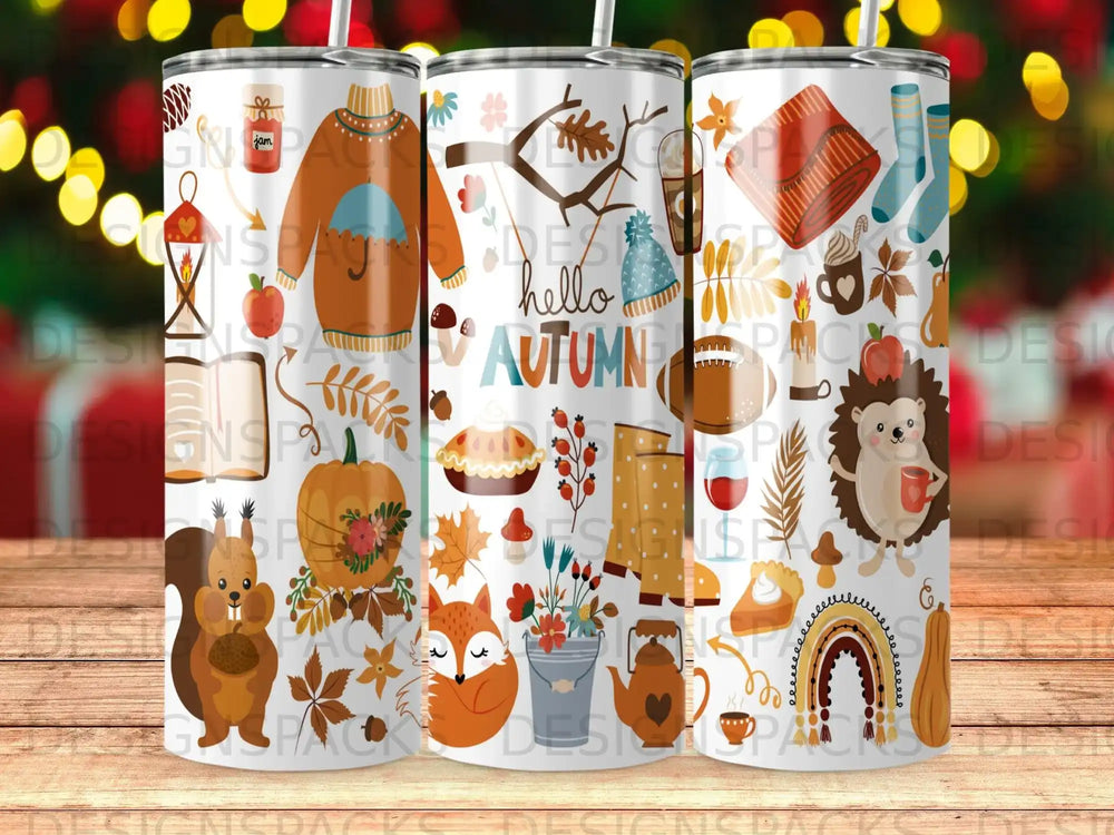 Autumn themed tumbler with fox, squirrel, hedgehog, pie, and leaves.