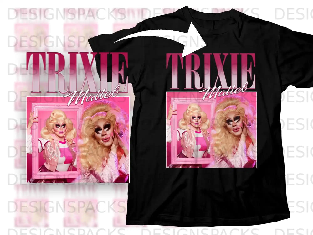 Trixie Mattel in pink, on a black t-shirt with pink border.