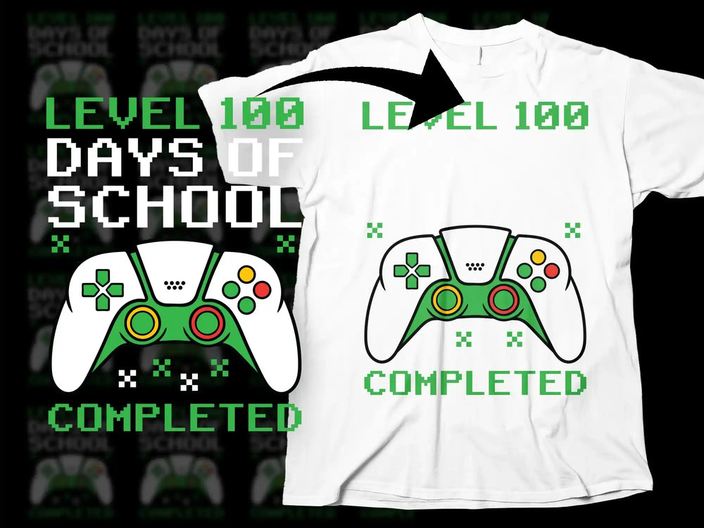 Level 100 Days of School Completed Gamer T-Shirt, Kids Gaming Tee, School Celebration Shirt, Fun Video Game Design Shirt for Children