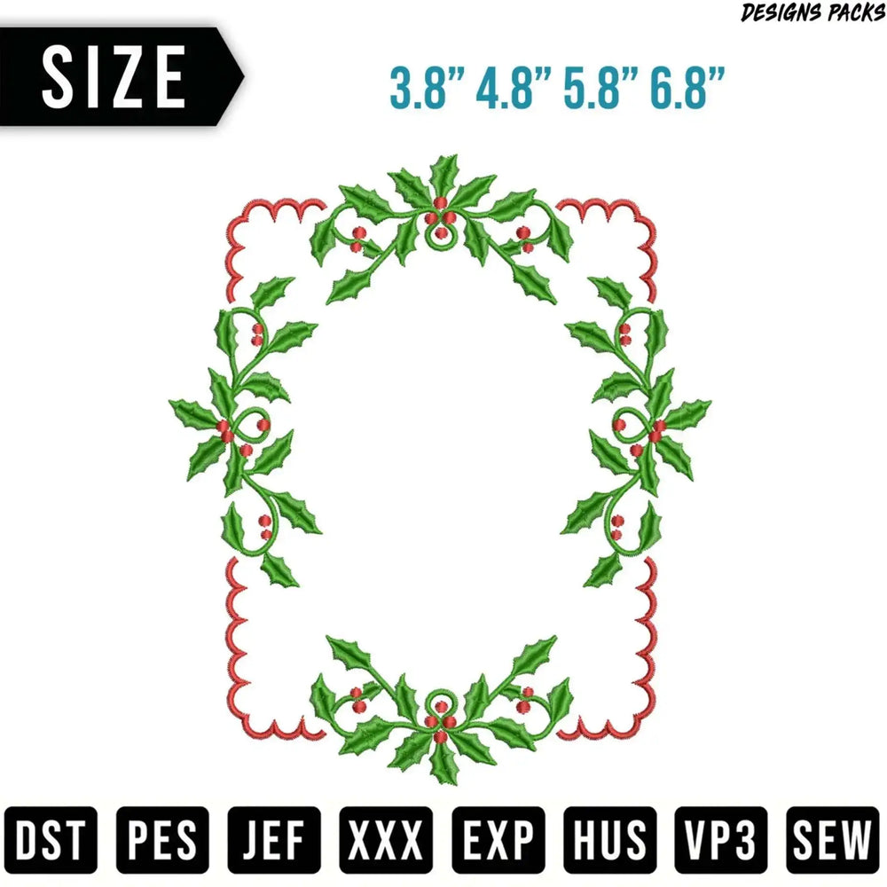 Christmas holly wreath embroidery design with size and file format options.