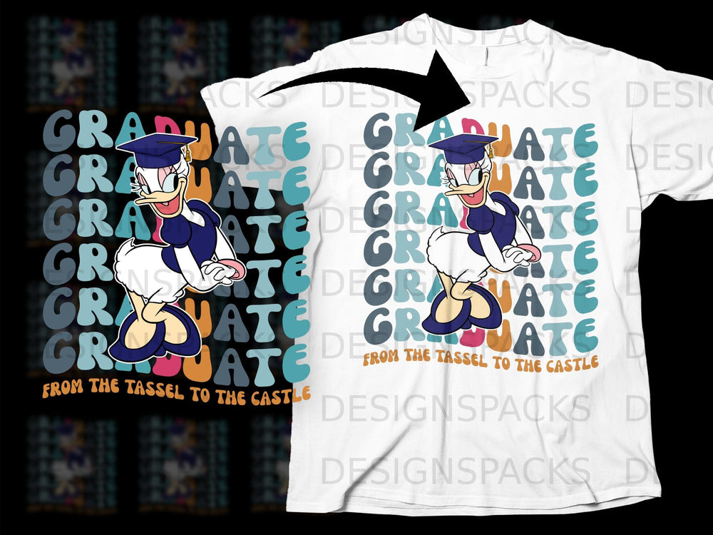 Daisy Duck wearing a graduation cap and gown with "GRADUATE" text and "FROM THE TASSEL TO THE CASTLE".