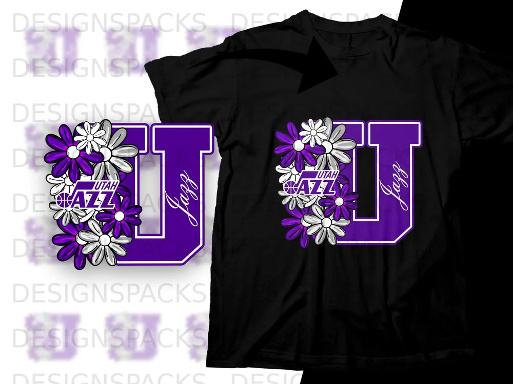 Utah Jazz logo with purple "J" and white flowers, on a black t-shirt.