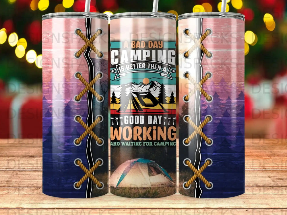 Tumbler with mountain and camping graphics and text about good days.