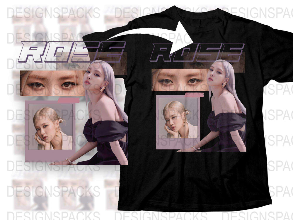Black T-Shirt with Rose Graphic, K-Pop Style Fashion, Women's Casual Top, Stylish Pop Icon Apparel