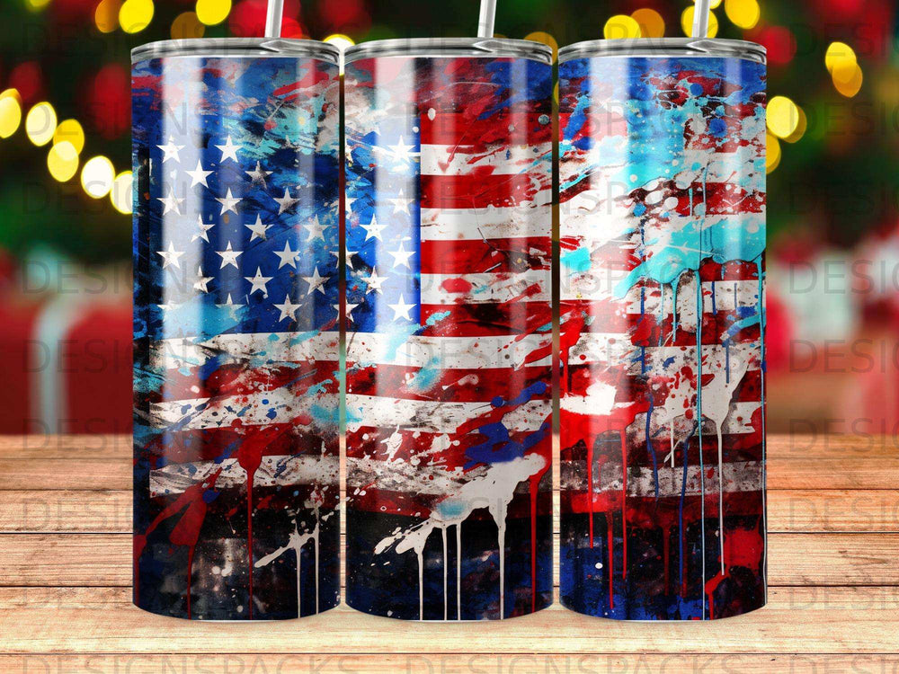 Tumbler featuring an American flag with a distressed, splattered paint effect.