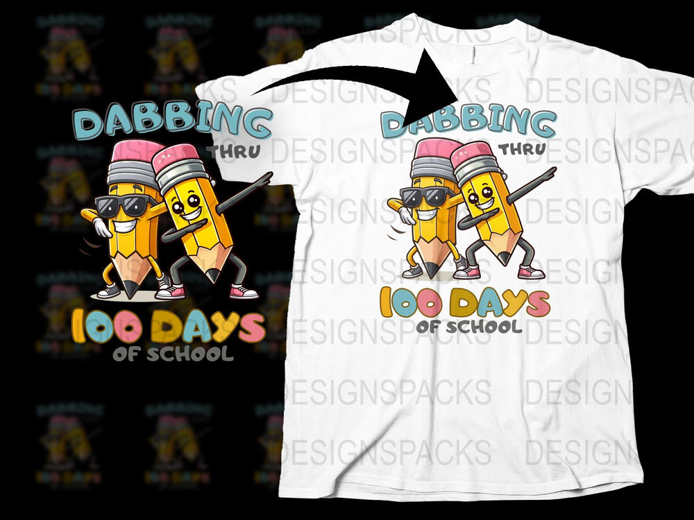 Kids Dabbing Pencil T-Shirt, 100 Days of School Celebration Tee, Cartoon Graphic Shirt, Fun Youth Top