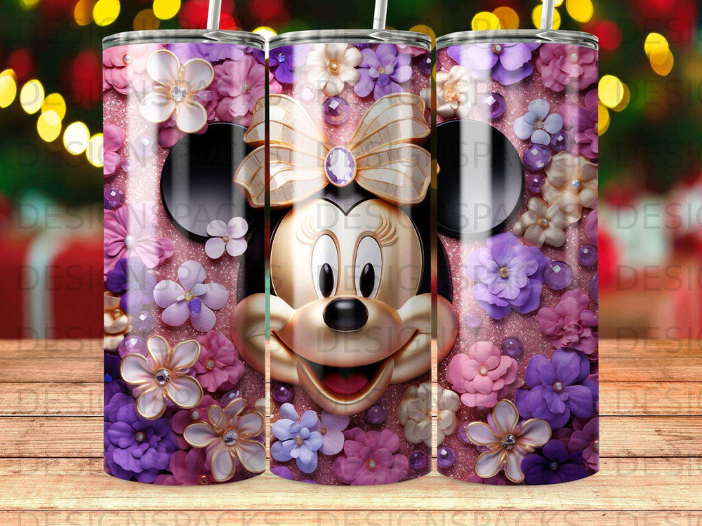 Minnie Mouse with purple and pink flowers and sparkles.