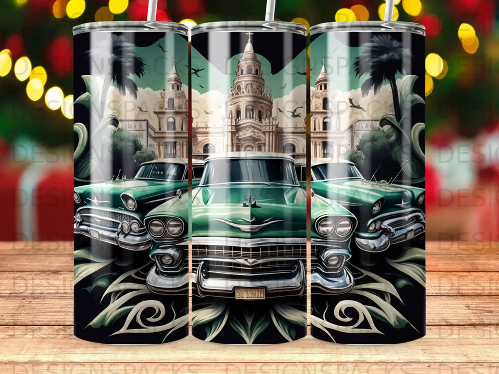 Three vintage green cars parked in front of a grand building.