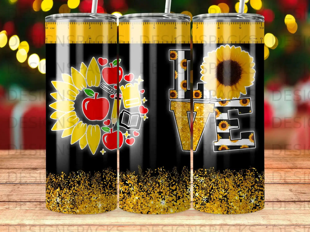Sunflower and apple "LOVE" design on a glittery black tumbler.