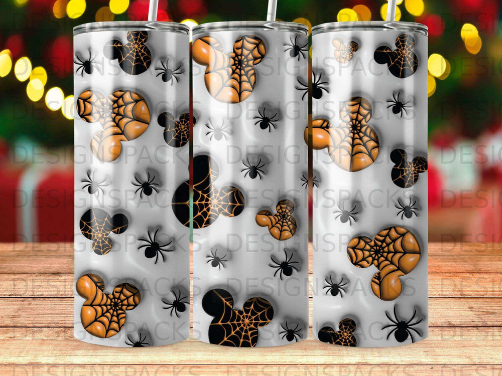 Mickey Mouse Halloween tumbler with spiders and web pattern.