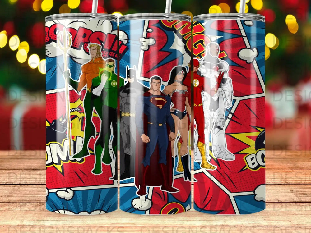 Superheroes Batman, Wonder Woman, Flash, Aquaman, and Green Lantern on comic book background.