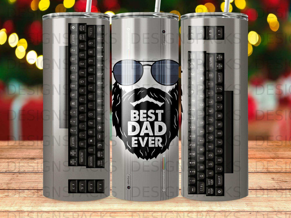 Commodore 64 keyboard pattern tumbler with "Best Dad Ever" graphic.