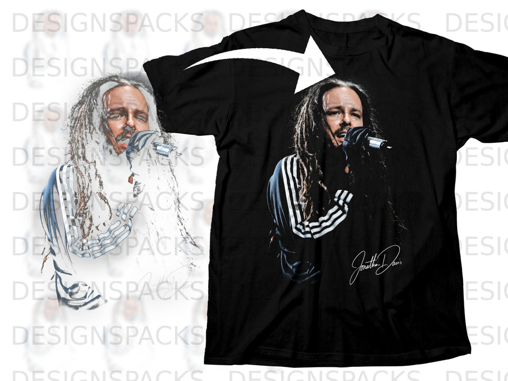 Black t-shirt with Jonathan Davis of Korn graphic and signature.