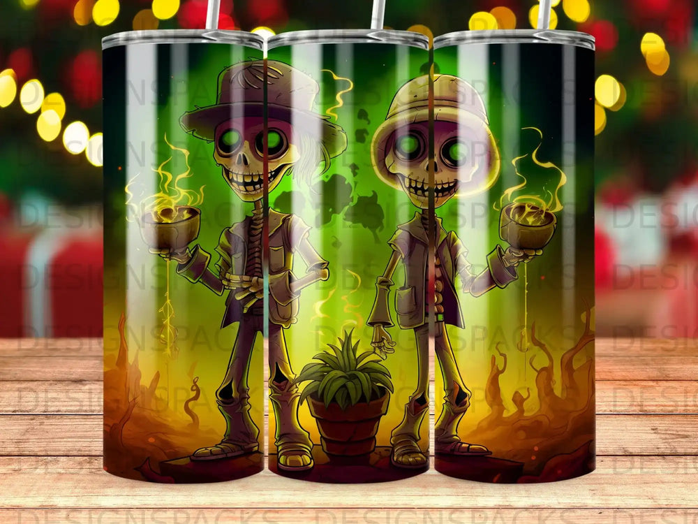 Two skeletons in hats hold bowls, standing near a potted plant with fire.