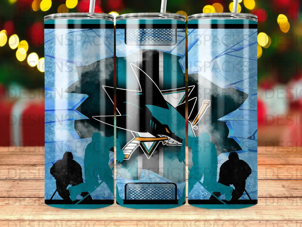 San Jose Sharks logo with hockey players and ice background.